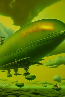 An lime green and gray cloudy sky with gizmo airships designed in African masks painted by Lyonel Charles Feininger