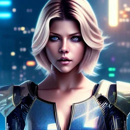 Katheryn Winnick, Cyborg anime warrior, cyberpunk, light blonde short hair, pixie hairstyle, cobalt eyes, waist up portrait, 8k resolution, retroanime, intricate details, neon details, soft lighting, vibrant colors, masterpiece, intricate eyeliner, dark eyeshadow, eyes, intricate tattoos, gradient background