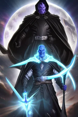 Thanos is the god of power and evil The commander wears a black cloak and a long coat with long combat boots and a long spear with a hat under his cloak with blue flame eyes, a sword like a spear The sun in the palm of a brave man in the middle of the desert