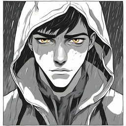 a closeup of a young man with white eyes in a heavy coat and hood during a rainstorm cartoon