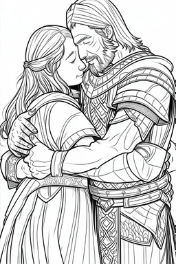 coloring page, minimal detail. HD. Woman hugging a male knight with a beard. No background detail.