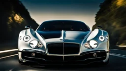 A sleek white shiny (((hypercar bentley))), its contours and details perfectly captured in a (((cinematic view))), zipping along a winding road under a beautiful blue black night sky