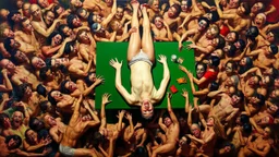 Vibrant, chaotic, and surreal painting featuring a multitude of human figures in various dynamic poses and expressions. The layout is dense and packed with overlapping elements, creating a sense of intense movement and energy. The central subject appears to be a nude figure suspended upside down on a green table, surrounded by other figures in various states of distress or action. The skin tones of the figures range from light to dark, with some having exaggerated facial features and expressions