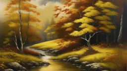a ultra realistic autumn landscape with metallic gold leaf