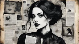 Gothic, Collage. Beautiful portrait of a woman in charcoal and ink. Mixed media. Newspaper clippings, many photographs, love letters, Magazine style. Surrealism, Detailed. Alcohol ink. Worn texture. Crisp focus. Inked outlines. Hints of vibrant color. Authors: Katherine Welz-Stein and Sam Toft