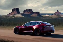 A Tesla 'Model Y' is going at a high speed, near the 'Devils Tower' in Wyoming. (CINEMATIC, WIDE ANGLE LENS, PHOTO REAL)