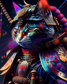 Gato Samurai cuerpo completo gráfica digital hiperdetallado maximalismo colores contrastantes cinematográfico 8k