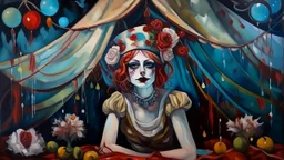 a painting of a woman with flowers on her head, a surrealist painting, cg society contest winner, inside a circus tent, mixed media painting, night outside, acrylic drawing, whimsy, puppet on a string, acryl on canvas, mixed medias, jester themed, large pastel, potrait, dream