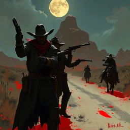 western bandit gang robbing someone on a dirt road during a red skied night grimdark fantasy art