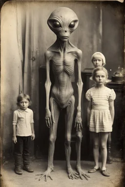 1900's black and white vintage photo, interior, alien human hybrid creature with a family, captured on square format film, grainy, aged