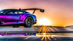 A sleek (((racing purple bentley gt3))), its matte shell reflecting the (((bright sun))), cutting through a (((clear bright blue morning sky)))