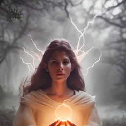 photoreal twenty-year-old Eva Mendes goddess as powerful elf lightning wizard with glowing eyes looking down in heavy purple orange rain in a forest at dawn by lee jeffries, octane render, 8k, high detail