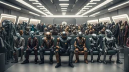 photo from the futuristic waiting room of a studio, a large crowd waits in a giant room. the aliens mutant humans, strange fantastical creatures, droids, and a few human-like beings of all sizes, colors, shaped and looks, stand in the crowd. high detalied, sharp focus, photorealistic, sci-fi style Professional photography, bokeh, natural lighting, canon lens, shot on dslr 64 megapixels , hd