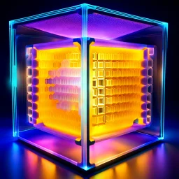 futuristic translucent neurocube, inside the cube there are perpendicular partitions of honeycomb plates, ambient lighting