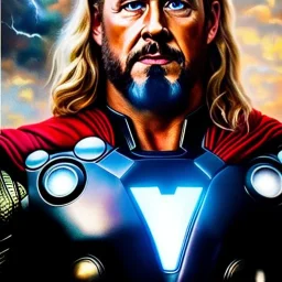 Ultra detailed fullbody Portrait in oil on canvas of Thor with ironman armor,intense stare,extremely detailed digital painting, extremely detailed face,crystal clear Big eyes, mystical colors ,perfectly centered image, perfect composition, rim light, beautiful lighting,masterpiece,8k, stunning scene, raytracing, anatomically correct, in the style of robert e howard and Ken Kelley and Ohrai Noriyoshi and Simon Bisley and tomzj1