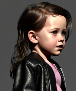 Kristen stewart toddler, full body, leather jacket, dramatic lighting, hyper realistic