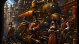 Award-winning photograph of a group of (steampunk) people dressed in intricate Victorian-era clothing, operating (steampunk) machines and inventions in a bustling steampunk cityscape, retro-futuristic, industrial revolution, science fiction, detailed environment, atmospheric lighting, mechanical engineering marvels, gears and pipes, vibrant colors, cinematic, alternative history, art nouveau aesthetic, trending on DeviantArt, high detail, 16k.