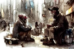 (((((old beggar on crowded market talking to Emma Watson. cyberpunk foodvendor robots cyberpunk))))) by Jean-Baptiste Monge