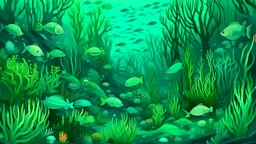 A bluish green underwater coral reef with fish in Surrealism art style