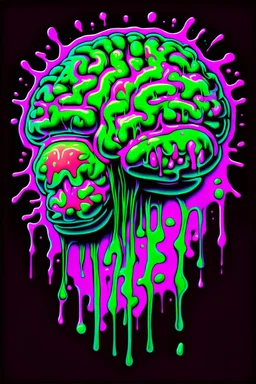 Vintage illustration of a slimey green brain melting, cartoonist animation style, hand drawn, neon lighting, gross art, pop punk, 90s anime inspired, airbrushing, post modern, horror cut, gradient chrome abberations, retro weird drawings, alien brain matter, blood spatter , scifi punk