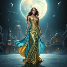 A breathtaking cosmic fantasy scene featuring a stunningly realistic beautiful woman with a perfect face and sculpted figure standing gracefully on an open stage of a floating CIFI town with Space craft landed over it. Surrounding her are CIFI buildings in deep space. She wears an elegant flowing gown in vibrant blue-gold hues that billow around her perfect form.