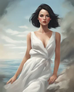 Realistic beautiful women in a white dress, short black hair, sea, summer, natural colors