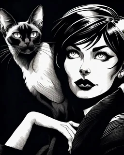 PROMPT: Monochrome ink illustration of a mature woman with long silver hair, eyes gazing upward, lips parted in thought, a Oriental shorthair Siamese cat draped on shoulder, staring sideways with sly expression. Deep shadows emphasize contours and texture. Bold hand-drawn lines, scratched ink details, black background creates isolation. Gothic comic aesthetic, vintage pulp tone, emotional stillness, surreal tension, expressive portrait in graphic noir style