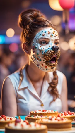 portrait of cute woman muzzled like a dog, baker of the highest advanced art cake sculpture during a casino game show, bokeh like f/0.8, tilt-shift lens 8k, high detail, smooth render, down-light, unreal engine, prize winning