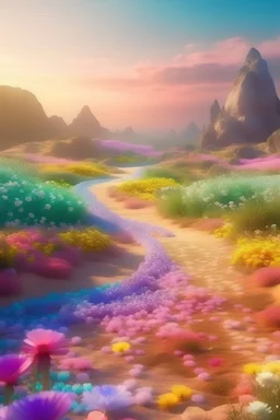 meraviglioso paesaggio fatato, fiori di dimensioni naturali color pastello, sentiero con cristalli colorati luminosi, alta definizione