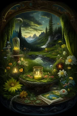 Hyperrealism against the background of a spring landscape in the forest +mirror with a tsunami whirlpool +mountains +ritual +candles+dried flowers+wildflowers+moss++decoupage of flowers+embroidery technique+braided beads+vine+moonlit night,fabulous landscape,surrealism,realism,naturalism,dot technique,microdetalization,high detail objects,digital illustration,volumetric clarity,dark fantasy,dark botanical, professional photo