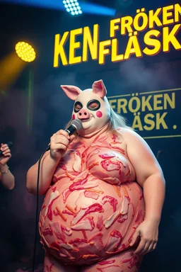 a very fat swedish girl, with skin colored ski mask called "Fröken Fläsk" performing at dance club, her name is "Fröken Fläsk" piglets On stage, yellow Neon lights and smog, and "FRÖKEN FLÄSK" big sign on the wall, she is covered all the body with pork slices, bacon all over her, singing with mike
