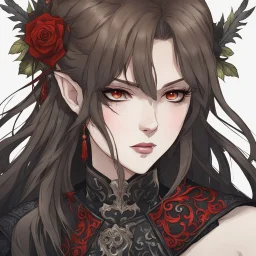 A portrait headshot of a confident looking young woman with pale skin and long brown hair in a dark fantasy setting with intricate details. She is wearing black and read leather, has blood-red eyes, an air of malevolent power surrounds her. mage. Anime style. High definition.