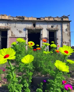 flowers of peace blooming on damaged building in war torn city