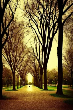 Park at night with lanterns, square bench, and dirt roads, trees, gothic horror films influence, creepy, photography