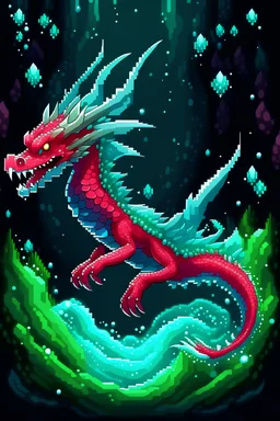 A dragon pixel with a touch of red brilliance and delicate crystal formations, gliding gracefully through the mysterious underwater realm.