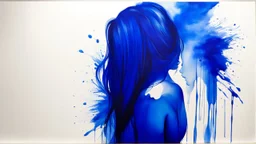 dissolving into tears: the women rear view, head bent forward, blue ink painting,