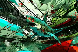 sharky structural glitch, arafed zero-composition, impossible intersection of exploding rusty scrap metal and glass fragments. Arafed tectonic shark geometry with uncanny negative space, Shark storm vibe. Ultrafade random bleak colors: watery pale light green, black, yellow, red. perspective broken, photographic texture but zero logical form. Fragmented, unnerving, anti-symmetry