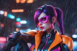 Widowmaker in 8k anime cgi artstyle, overwatch them, neon effect, close picture, rain, apocalypse, intricate details, highly detailed, high details, detailed portrait, masterpiece,ultra detailed, ultra quality