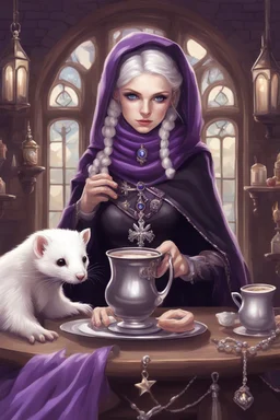 (anthropomorphic white ferret girl),dressed in cleric black and purple clothes with silver holy ornaments, realistic anatomy, fantasy tavern on background, mage and holy symbols around, serious face, hold cup of coffe, tired