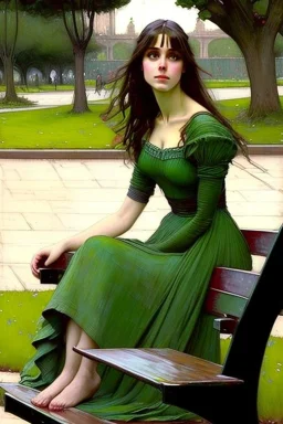 Woman green dress sitting on a park bench. John William Waterhouse