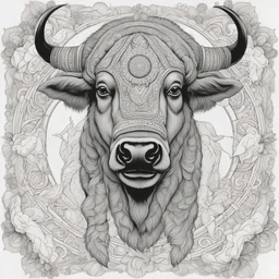 outline art, coloring pages, white Background, Black line, sketch style, only use outline, mandala stile, clean line art, white background, no shadow and clear and well, mandala MALE BISON,