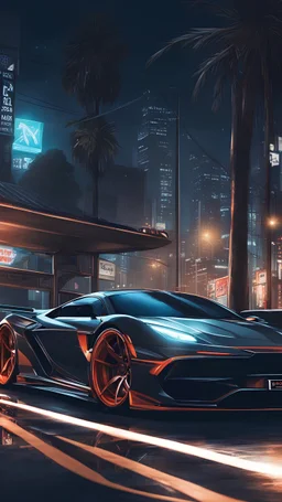 4K wallpaper of sports car with an anime girl leaning on it wearing a cap facing down at night scene