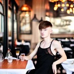 Russian guy boyish boylike short man's haircut boyish features in black girlish lacy cocktail dress in restaurant