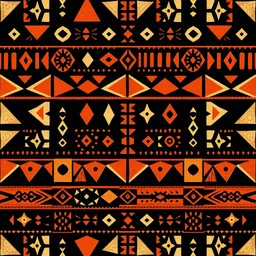 Here’s the prompt to create this design on large-format decoupage paper: "Create a large-format decoupage paper design featuring a bold, tribal-inspired pattern in warm terracotta on a deep black background. The pattern should include a variety of geometric and abstract shapes such as triangles, spirals, diamonds, dots, and lines arranged in a grid-like structure. Each section should have unique shapes and linework, giving the design a hand-drawn, artisan feel. The contrast between the terracot