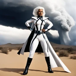 [high res photo by Helmut Newton] a 65 years old version of Storm in the desert, the Marvel X-men super heroine in her iconic white X-men outfit with the X on her belt standing, focus on her powers: a tornado starts