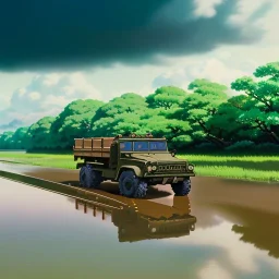 hyperrealistic shot, muddy military toy truck, monotone color palette, sharp focus, puddle reflection, tire mud splash, refraction, mist on the horizon, lightning, shadowcast, detailed and intricate, cinematic composition, micro, tilt shift photography