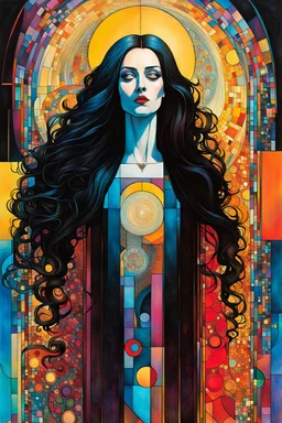 Create chaotic abstract cubist full body religious triptych depicting a Gothpunk Saint Mary Magdalene , with highly detailed facial features, in the style of Bill Sienkiewicz, Philippe Druillet, Gustav Klimt, and Jean Giraud Moebius, precisely drawn, colored and inked