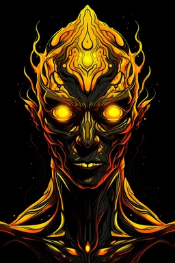 Vibrant Vector Art, Front View, alien god, yellow lava veins, stylized, half body, half skin, black background, 100 eyes, wide face,