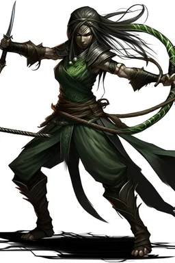 female Shadar-Kai wielding a Whip a whip made out of black thorns