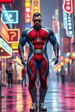 A muscular, athletically built man with extra-short, crew cut, black hair, blue eyes, short, trimmed goatee, standing stoically on the street in the neon lit, futuristic City of Xanadu prime, wearing a long-sleeved, highly textured, red-white-and blue body suit with gray piping that forms to his muscular frame, a silver lightning belt, silver wrist gauntlets, silver, knee-high boots, the symbol of Xanadu on his chest, and a thin black leather bandit eye mask